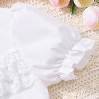 Girls White Puff Sleeves Collared Top With Pleated Skirts Set Sets