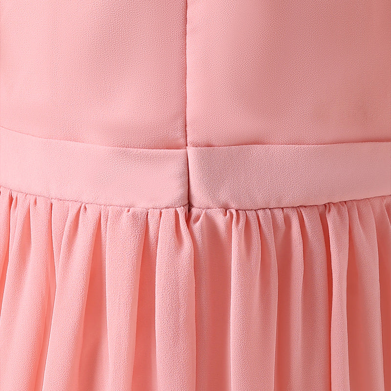 Girls Peach Solid Laced Short Sleeves Drop Waist Dress Casual Dresses