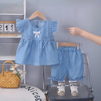 Girls Light Blue Denim Bow Applique Top & Shorts Co-ord Sets Sets Light Blue 1-2 Y