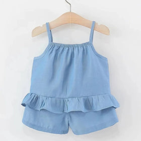 Girls Blue Mushroom Applique Peplum Top With Shorts Set Sets