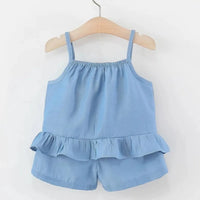 Girls Blue Mushroom Applique Peplum Top With Shorts Set Sets
