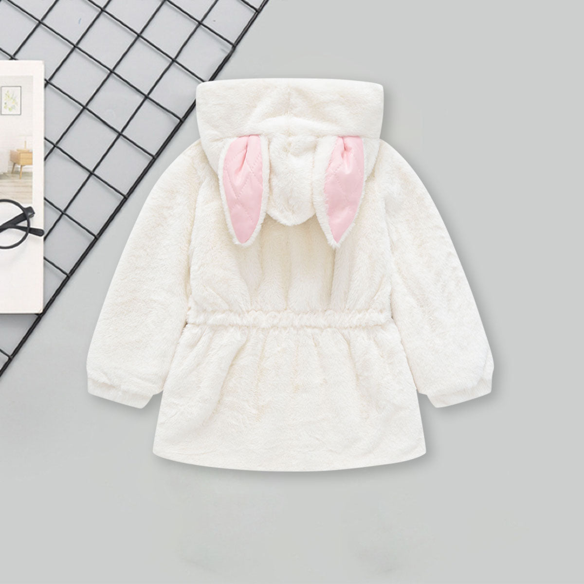 Girls White Solid Polar Fleece Ear Hooded Jacket Coats & Jackets