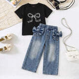 Girls Black Bow Print Short Sleeves T-Shirt With Denim Wide-Leg Pants Set