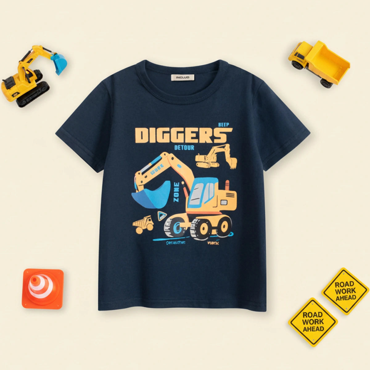 Boys Dark Blue Crane Cartoon Printed Short Sleeves T-Shirt Tshirts Dark Blue 1-2 Y