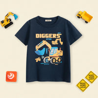 Boys Dark Blue Crane Cartoon Printed Short Sleeves T-Shirt Tshirts Dark Blue 1-2 Y