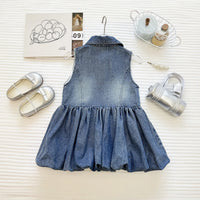 Girls Blue Sleeveless Bubble Hem Denim Dress Casual Dresses