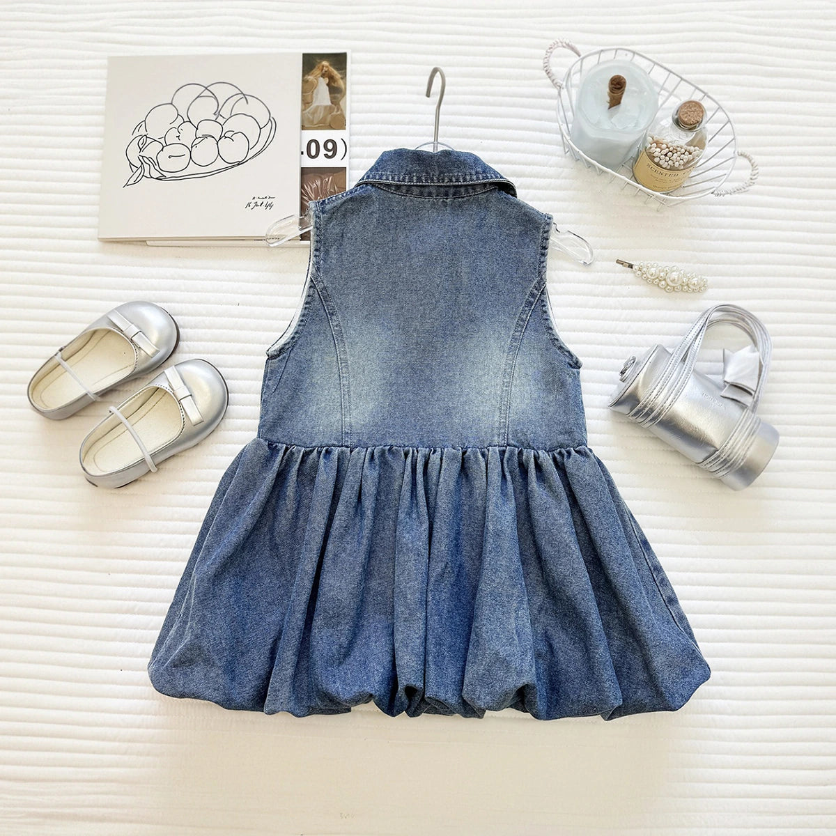 Girls Blue Sleeveless Bubble Hem Denim Dress Casual Dresses