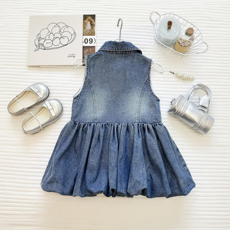 Girls Blue Sleeveless Bubble Hem Denim Dress Casual Dresses