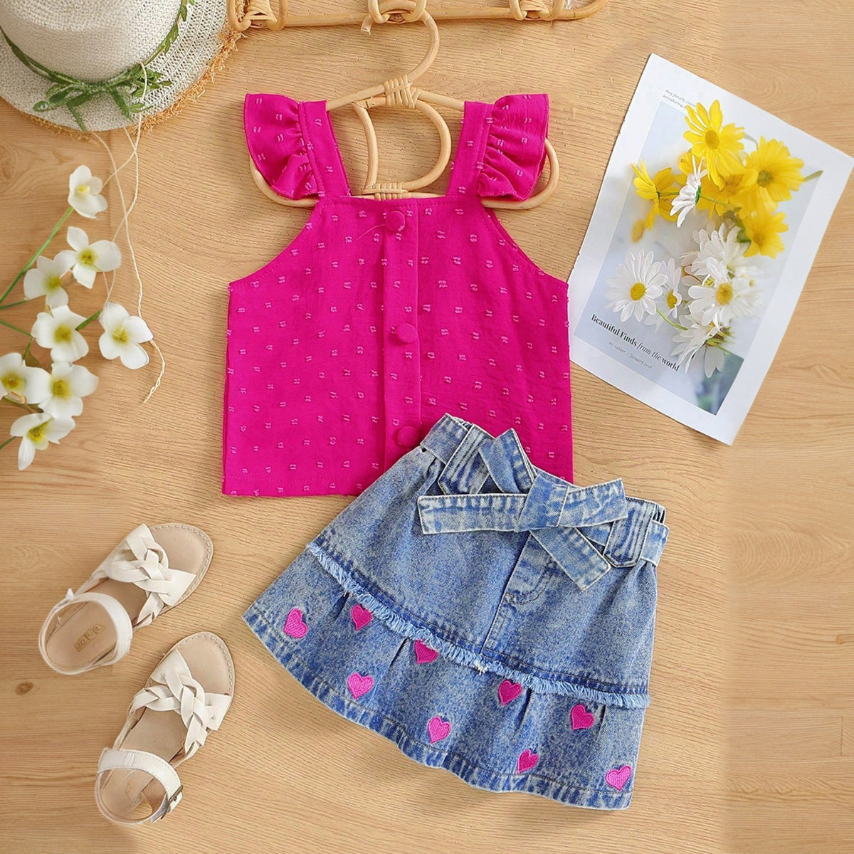 Girls Fuchsia Sleeveless Top With Heart Embroidery Denim Skirt Set 2 pc. Sets
