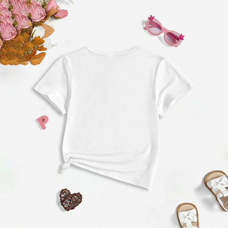 Girls White Bow Print Short Sleeve T-Shirt Tshirts