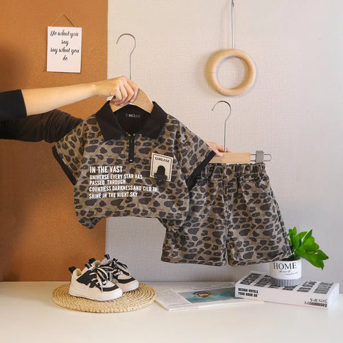 Boys Dark Brown Leopard Print Polo T-Shirt & Shorts Co-ord Sets Sets Dark Brown 1-2 Y
