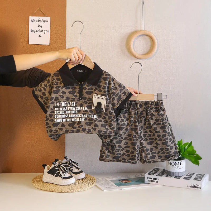 Boys Dark Brown Leopard Print Polo T-Shirt & Shorts Co-ord Sets Sets Dark Brown 1-2 Y
