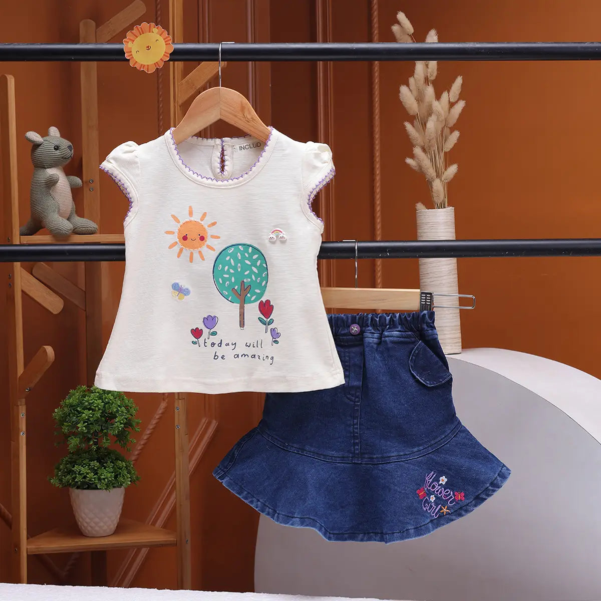 Girls Off White Sun Graphic Printed Top With Denim Flared Skirt Sets 2 pc. Sets Off White 9-12 M