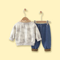 Boys Light Grey Abstract Print Sweatshirt With Denim Pants Sets Sets
