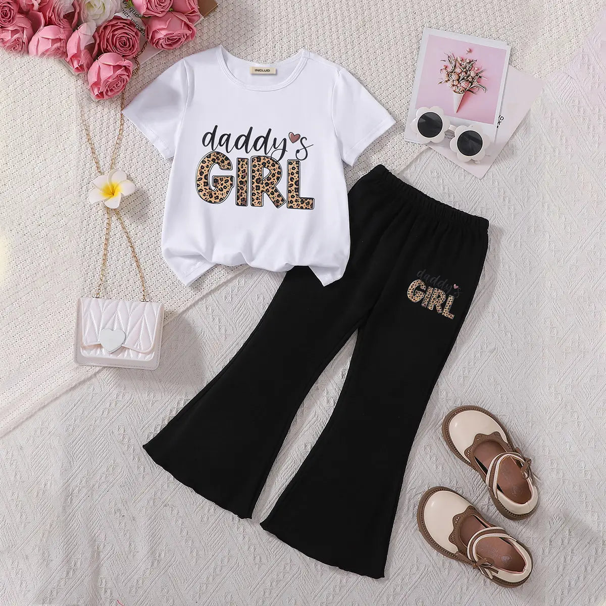 Girls White Daddys Girls Leopard Print T-Shirt With Flared Pants Sets Sets White 3-4 Y