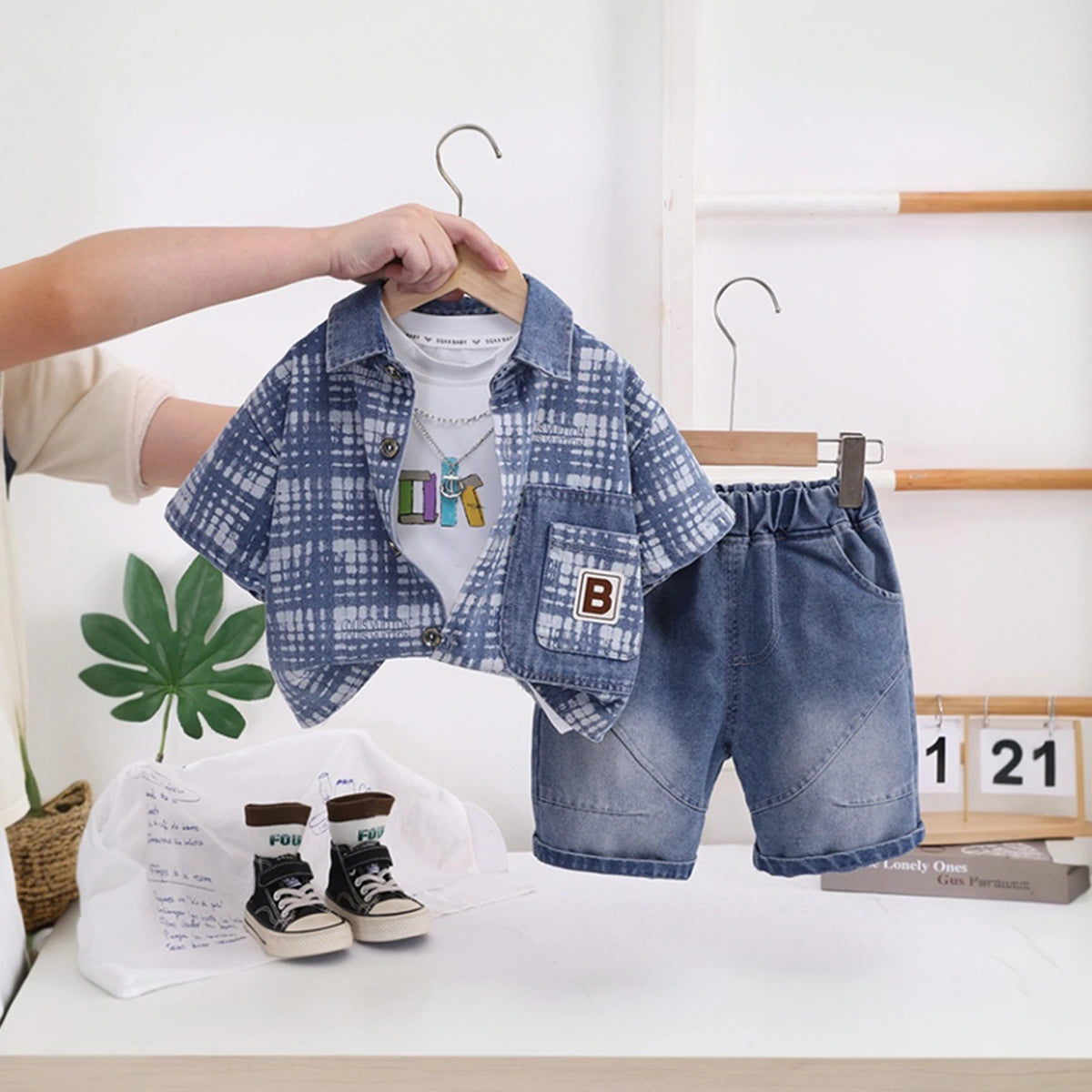 Boys Blue Checked Short Sleeve Shirt With T-Shirt And Denim Shorts Sets 3 pc. Sets Blue 1-2 Y