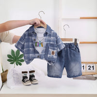 Boys Blue Checked Short Sleeve Shirt With T-Shirt And Denim Shorts Sets 3 pc. Sets Blue 1-2 Y
