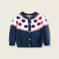 Girls Navy Blue Cardigan With Self-Design Heart Patterns Sweaters & Cardigans