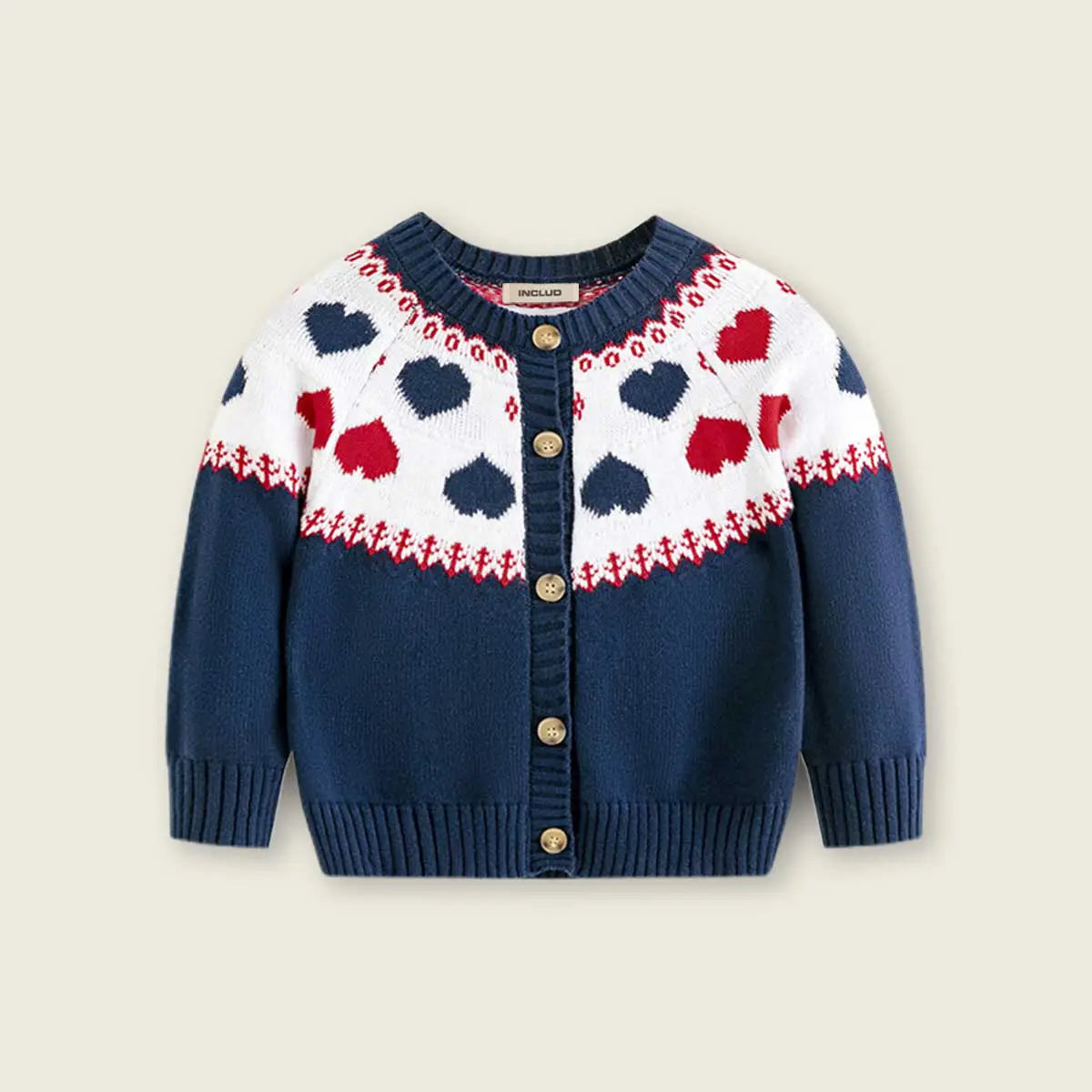 Girls Navy Blue Cardigan With Self-Design Heart Patterns Sweaters & Cardigans
