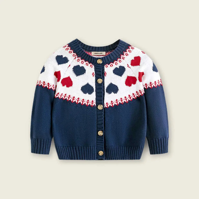 Girls Navy Blue Cardigan With Self-Design Heart Patterns Sweaters & Cardigans