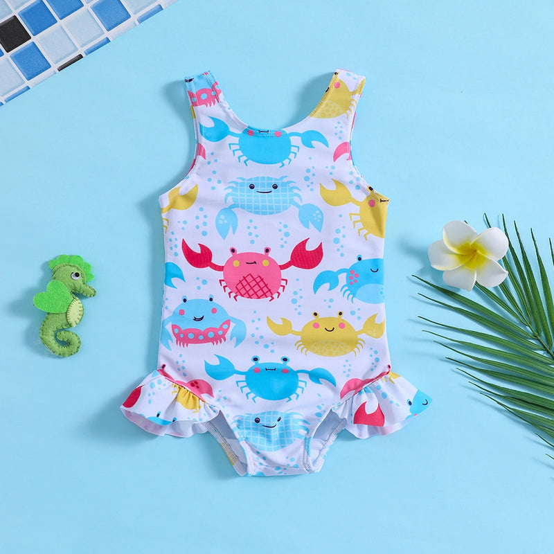 Girls White Crab Printed Sleeveless Swimwear Bodysuit Beachwear White 1-2 Y