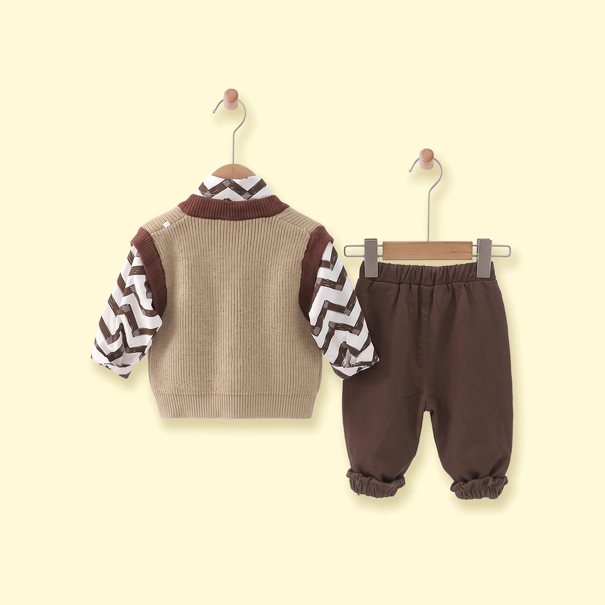 Boys light brown sweater vest with shirt and pants set