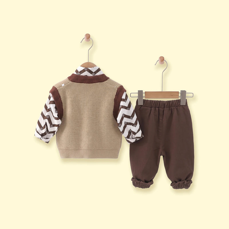 Boys light brown sweater vest with shirt and pants set