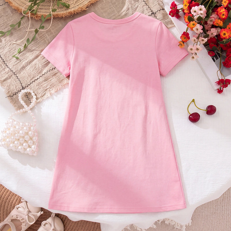 Girls Light Pink Cherry Print Short Sleeve T-Shirt Dress Casual Dresses