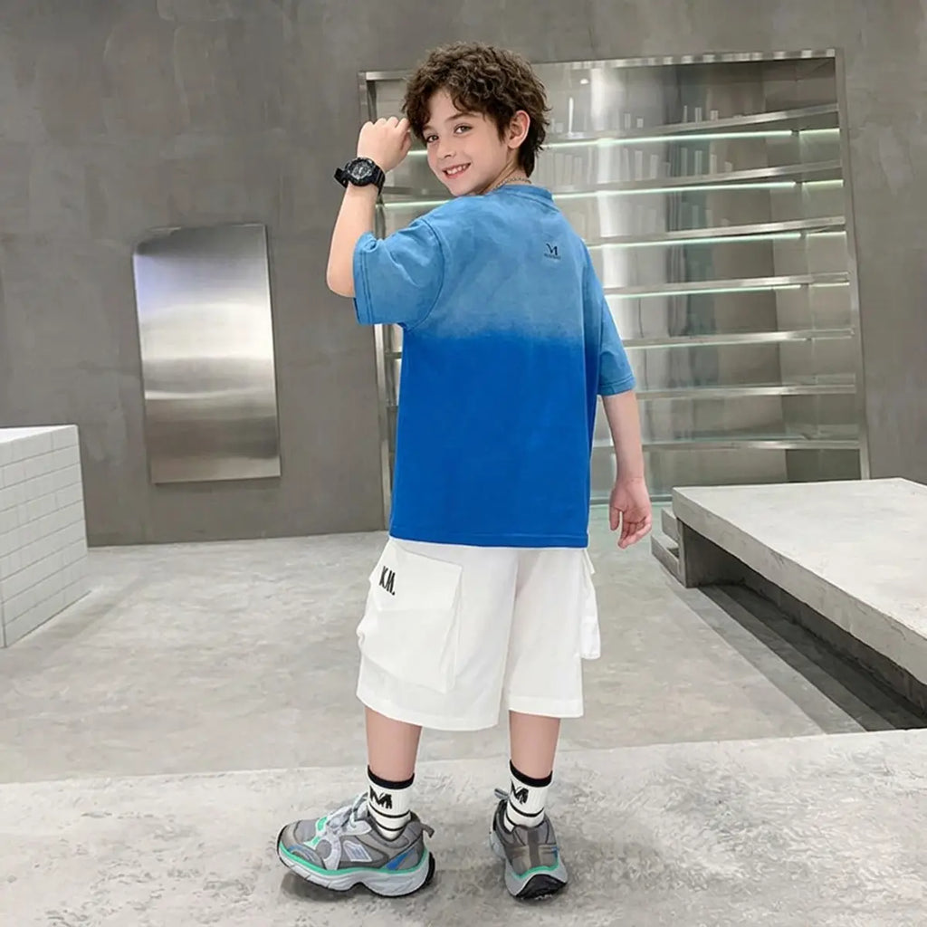 Boys Blue Ombre Print T-Shirt With Shorts Sets Sets