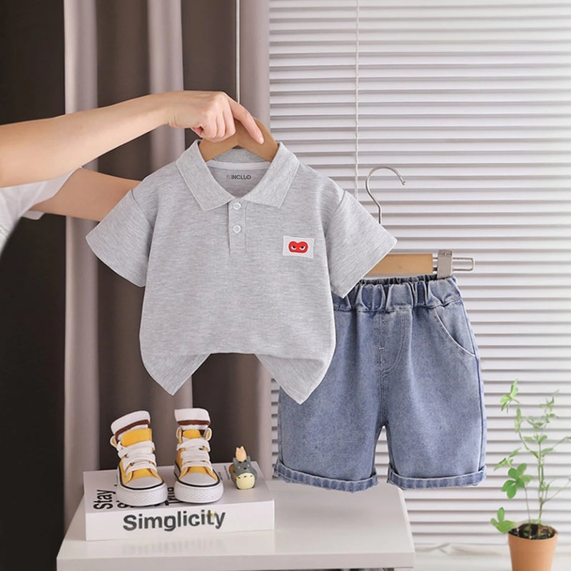 Boys Light Grey Short Sleeve Polo T-shirt With Denim Shorts Sets 2 pc. Sets Light Grey 1-2 Y