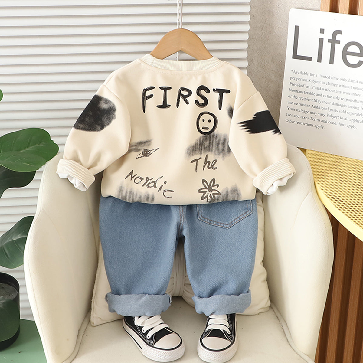 Boys Beige Spider Printed Winter Sweatshirt With Denim Pants Set 2 pc. Sets