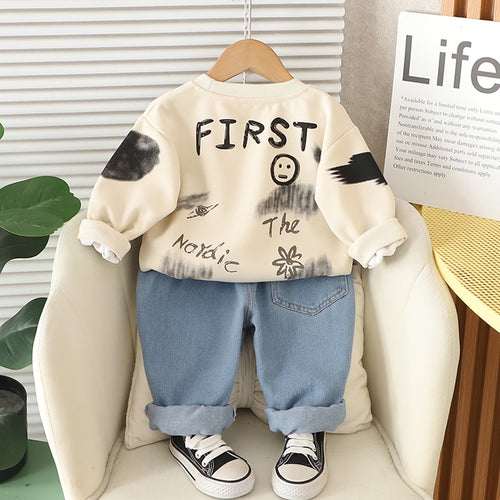 Boys Beige Spider Printed Winter Sweatshirt With Denim Pants Set 2 pc. Sets