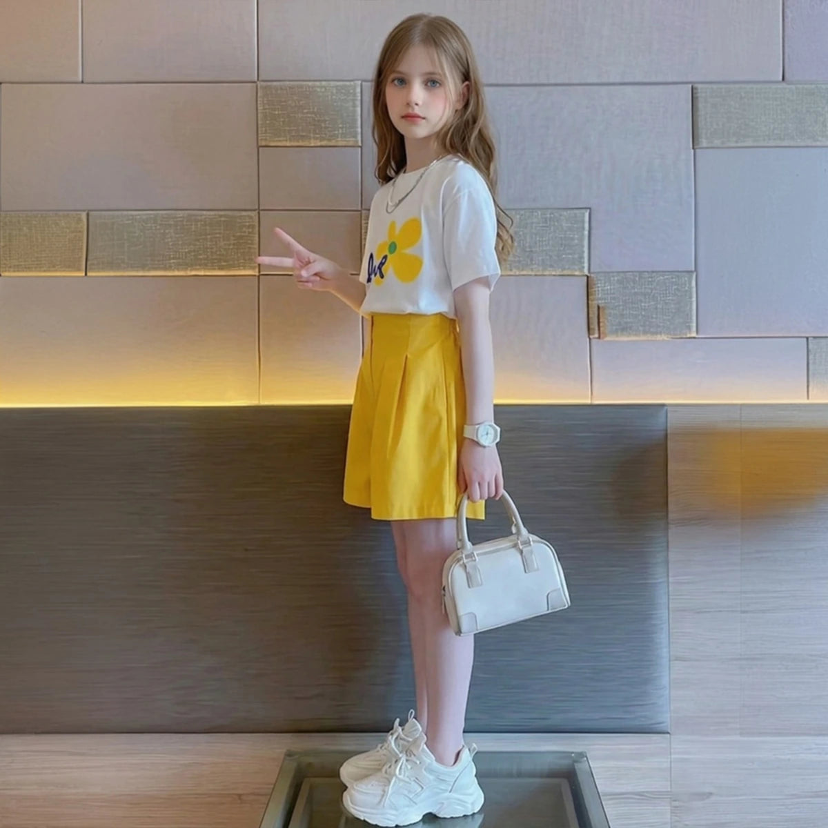Girls Yellow Flower Print Short Sleeve T-shirts With Wide-Leg Shorts Sets Sets