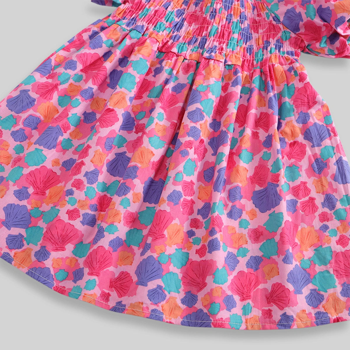 Girls Pink Seashell Printed Short Sleeve Smocked A-Line Dress Casual Dresses