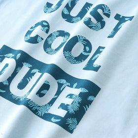 Boys Sky Blue Typographic Printed Short Sleeves T-Shirt With Pinted Drawstring Shorts Sets Sets