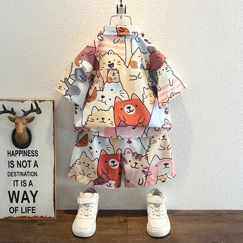 Boys Multicolor Allover Cat Print Button-Down Shirt & Shorts Co-ord Sets Sets