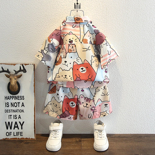 Boys Multicolor Allover Cat Print Button-Down Shirt & Shorts Co-ord Sets Sets