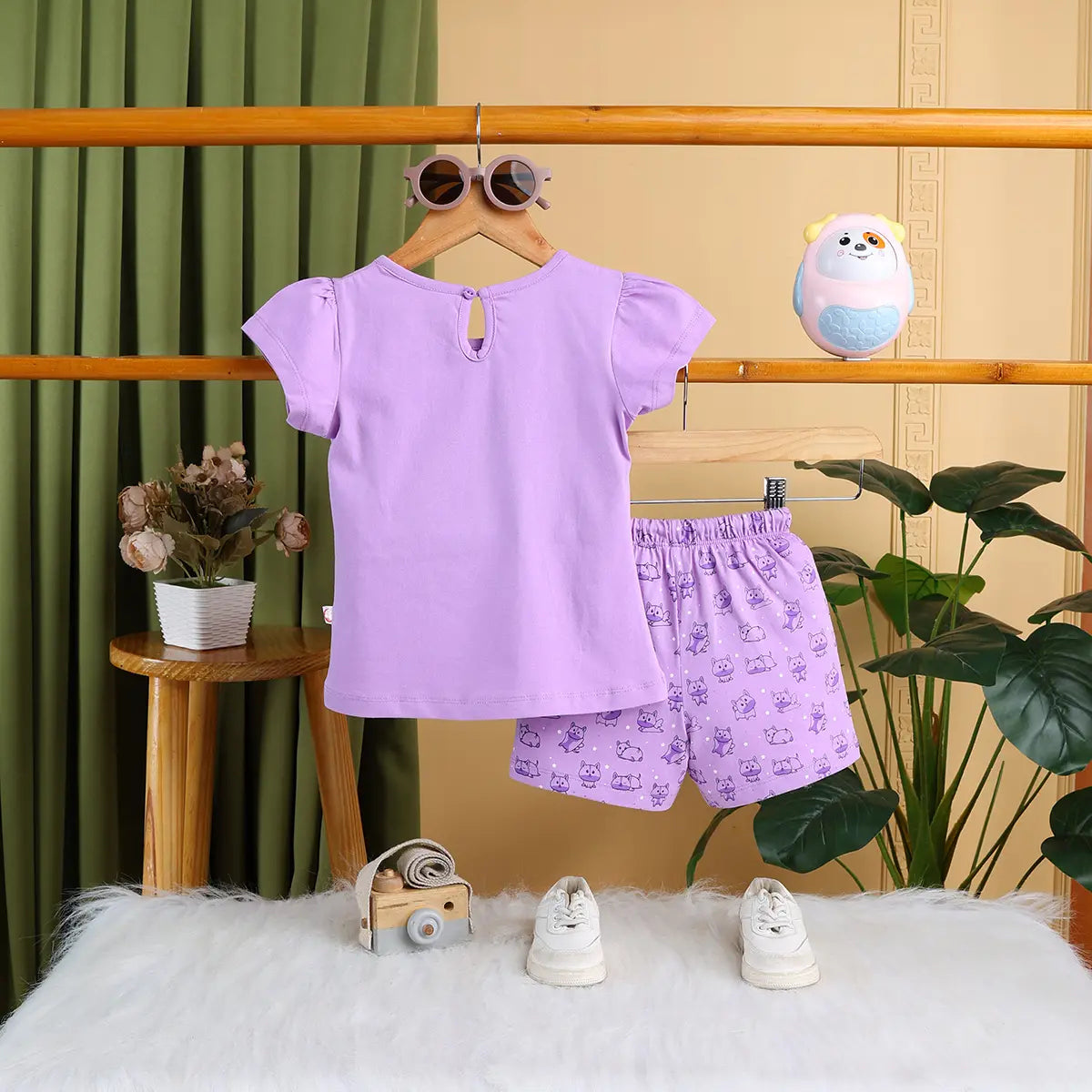 Girls Lilac Animal Graphic Short Sleeve Top With Printed Shorts Sets Sets