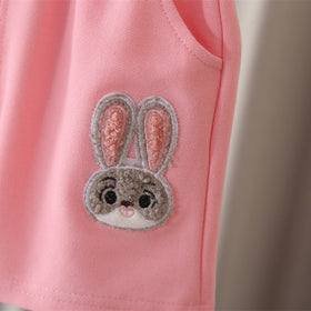 Girls Pink Bunny Appliqued Short Sleeves Polo T-Shirt With Shorts Set 2 pc. Sets