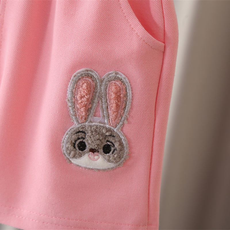 Girls Pink Bunny Appliqued Short Sleeves Polo T-Shirt With Shorts Set 2 pc. Sets