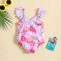 Girls Pink Flamingo Printed Sleeveless Swimwear Bodysuit Beachwear