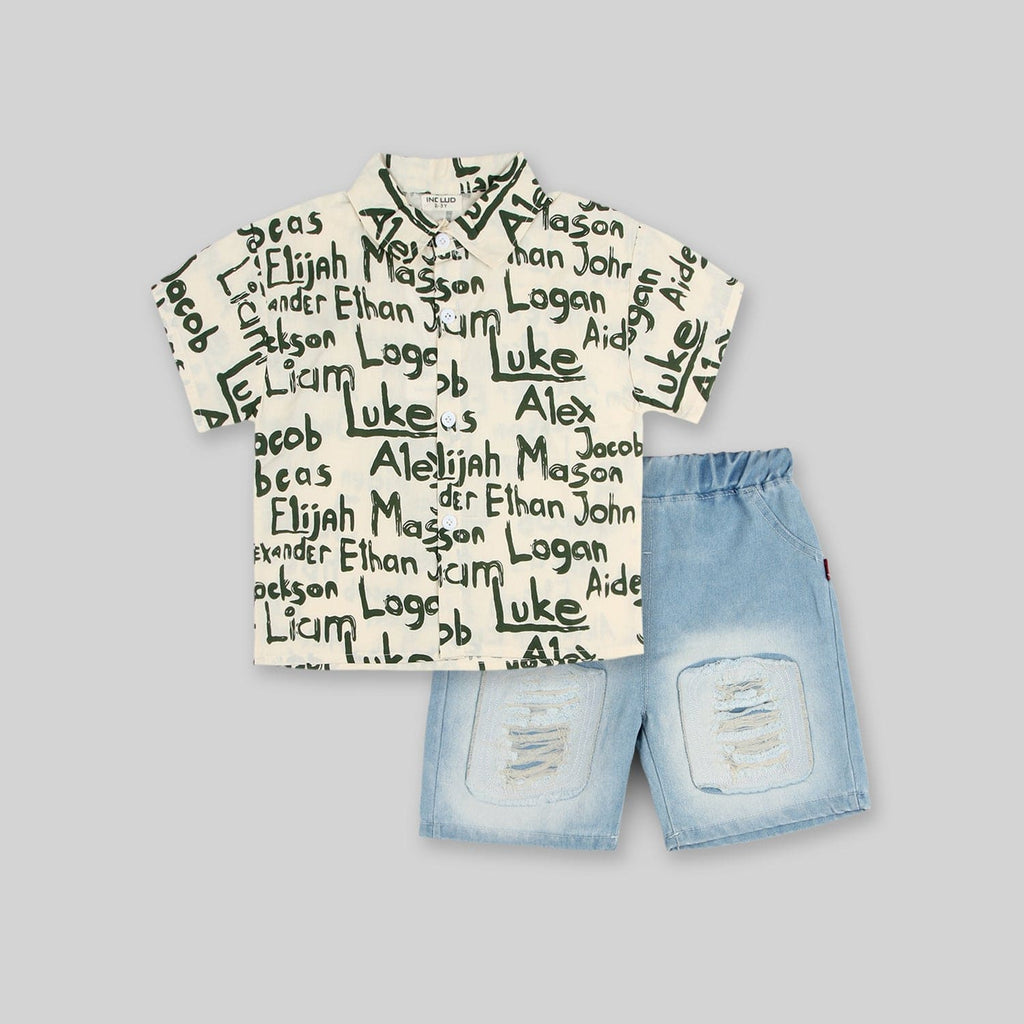 Boys Printed Shirt with Distressed Denim Shorts Set