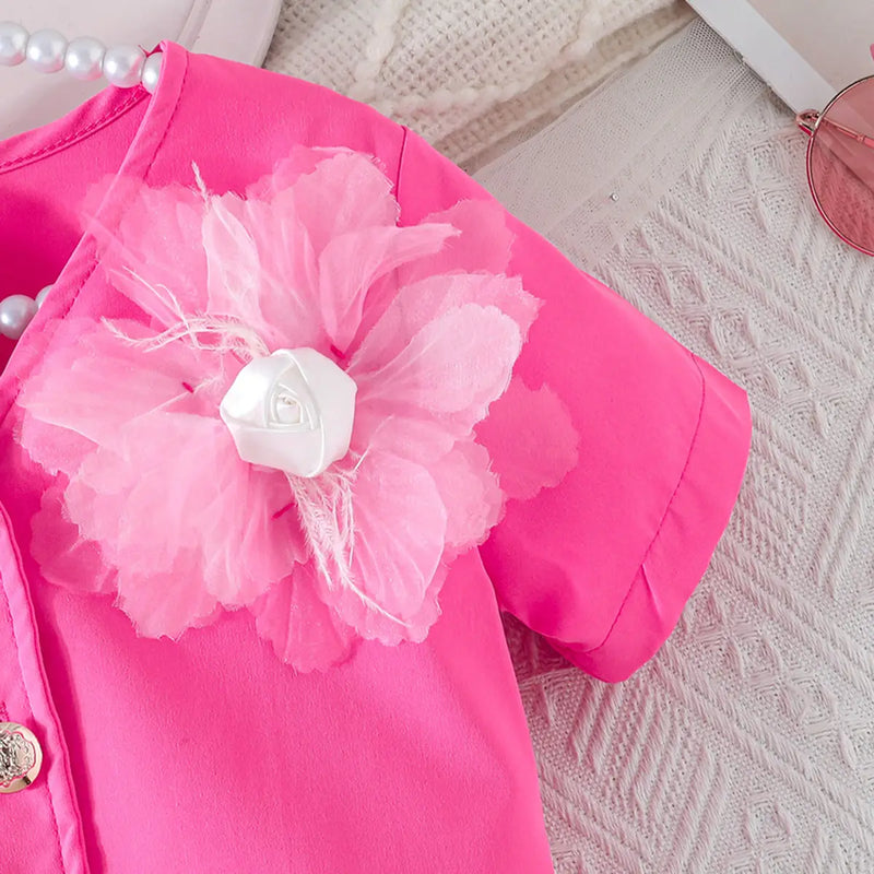 Girls Pink Flower Applique Short Sleeves Top With Pleated Skirts Co-ord Sets Sets