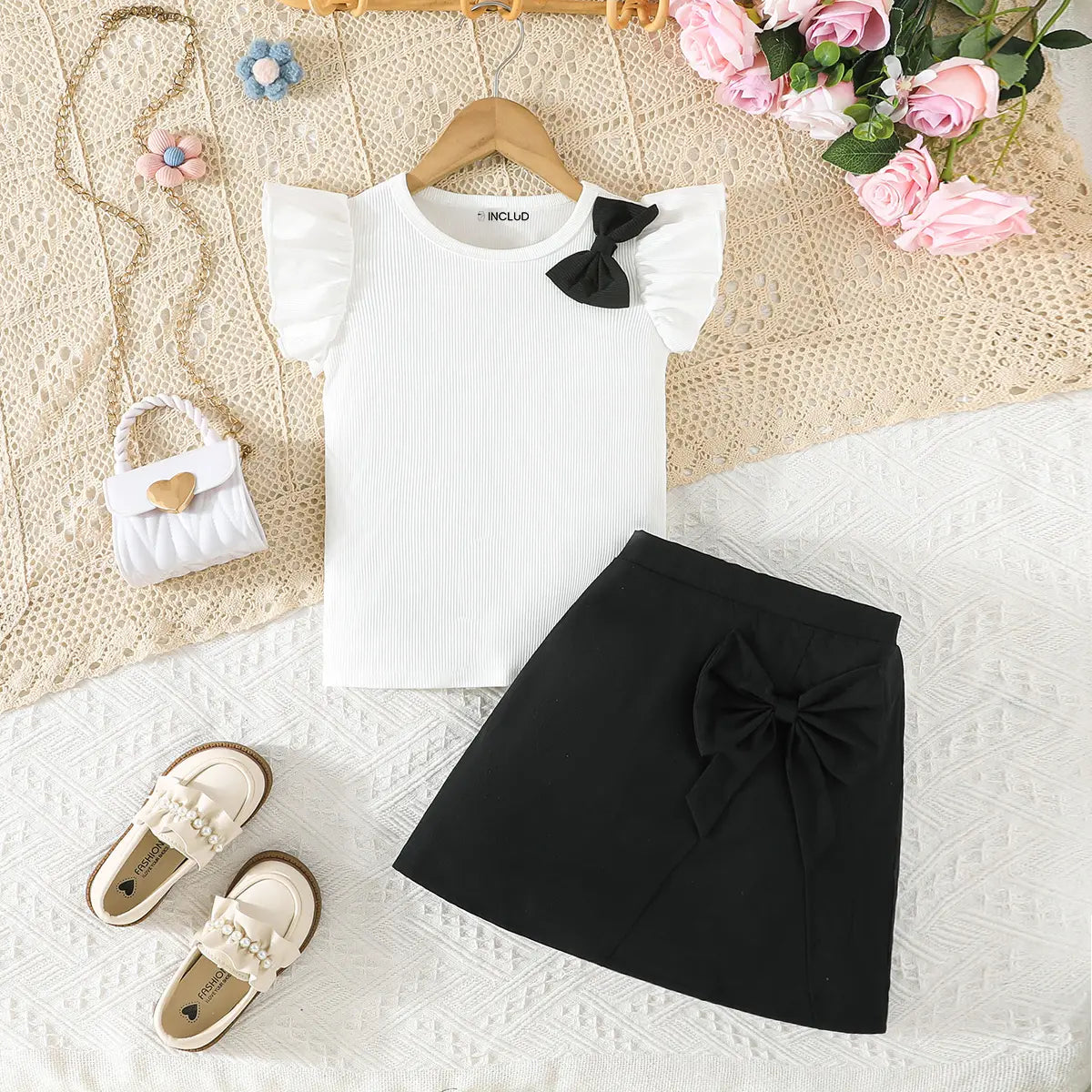 Girls Black Bow Applique Top With Elasticated Skirt Sets 2 pc. Sets