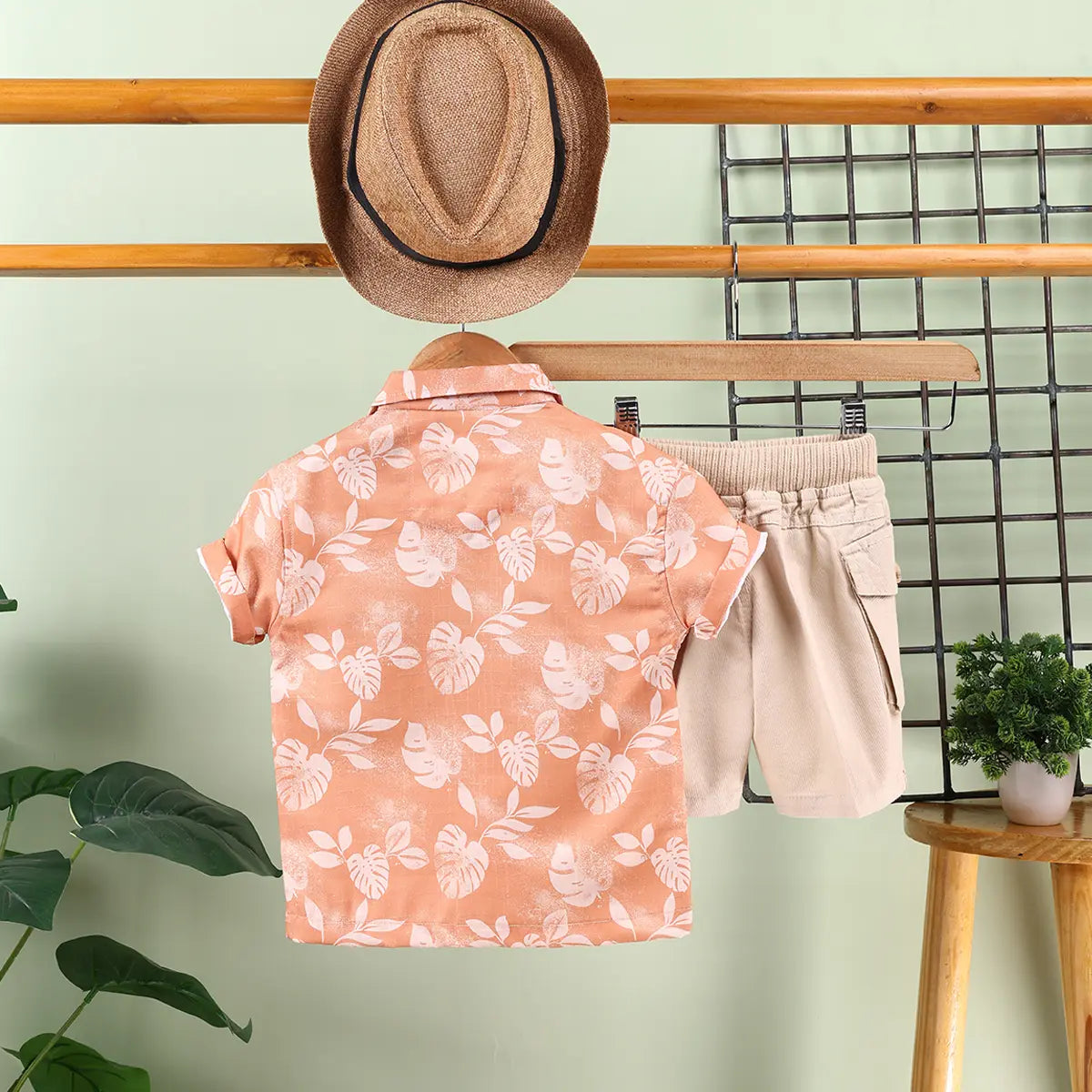 Boys Orange Tropical Print Short Sleeve Shirt With Shorts Sets 2 pc. Sets