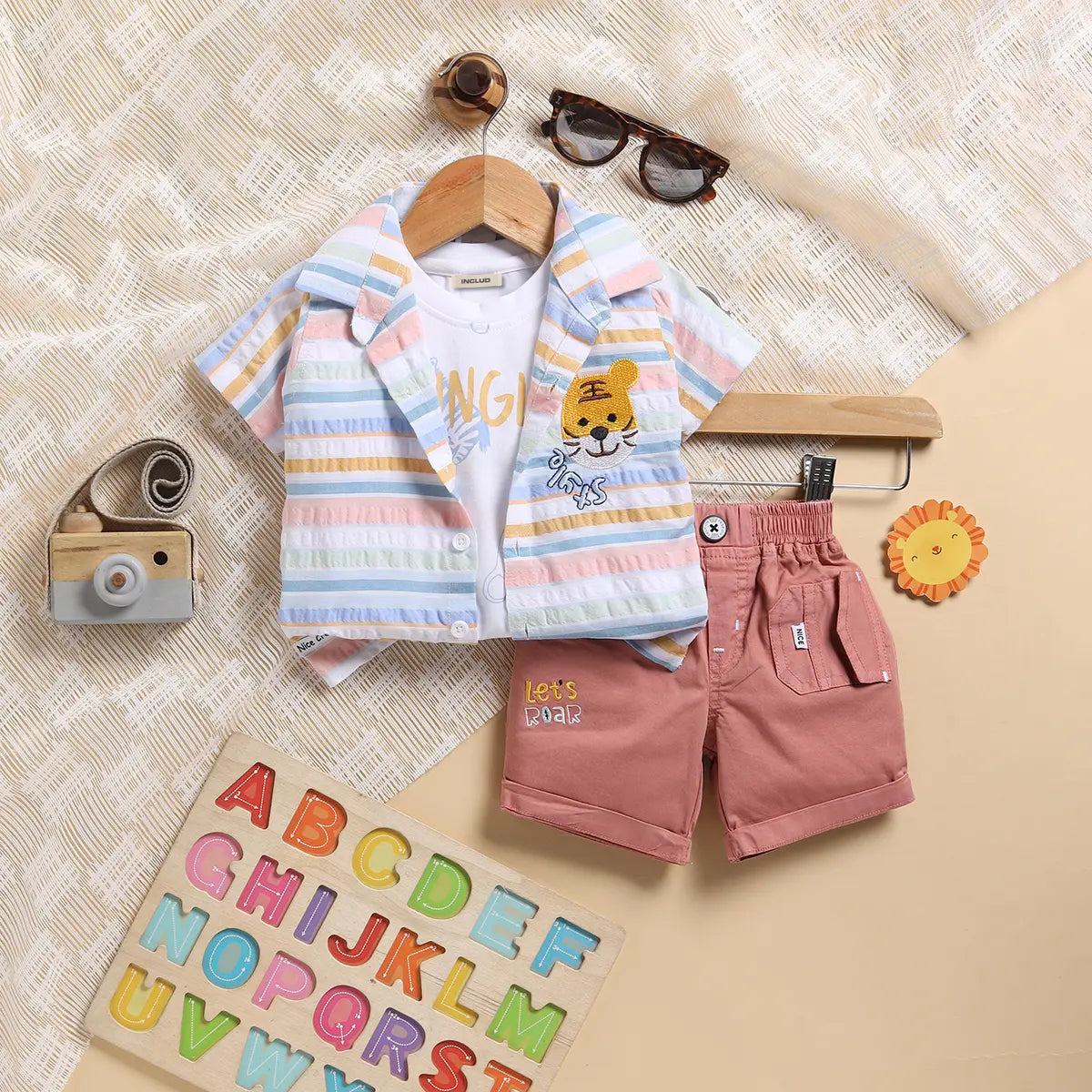 Boys Multicolor Stripes Lion Embroidery Shirt With Twill Shorts Sets 2 pc. Sets Multicolor 0-3 M