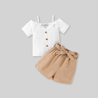 Girls Short Sleeve Top With Self Fabric Belt Shorts 2 pc. Sets   