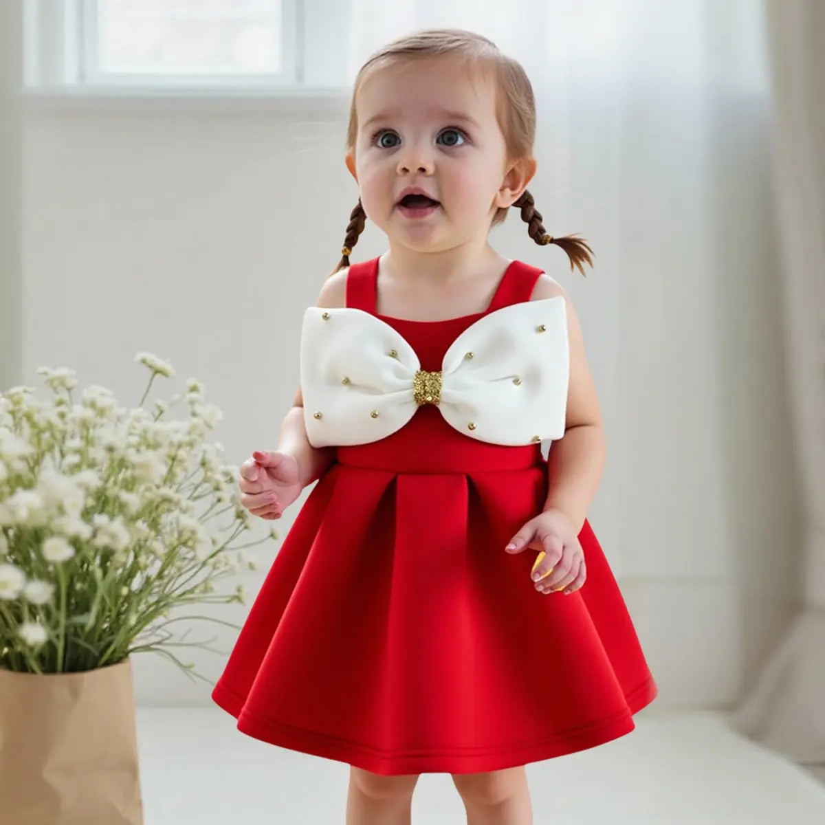 Girls Red Sleeveless Fit & Flare Party Wear Dress With Embellished Bow Applique Party Dresses