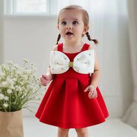 Girls Red Sleeveless Fit & Flare Party Wear Dress With Embellished Bow Applique Party Dresses
