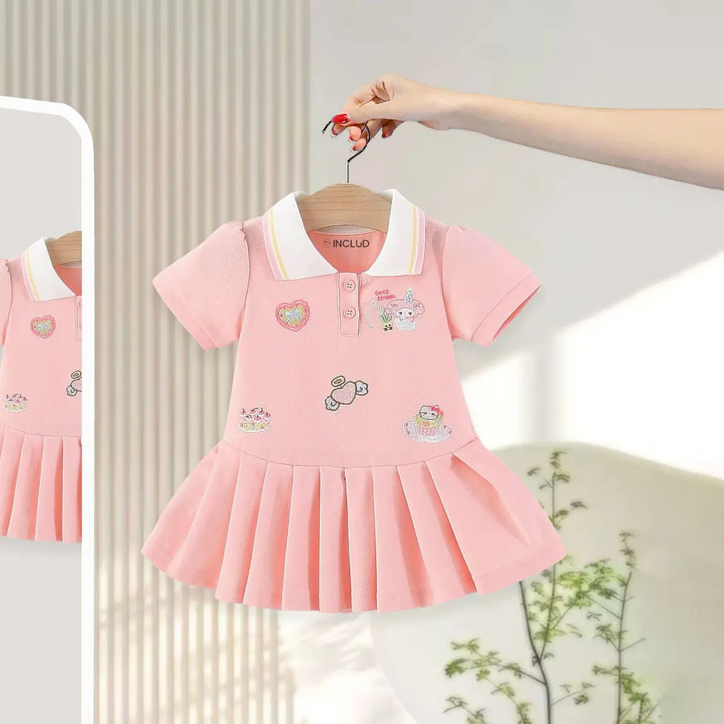 Girls Pink Bunny Heart Embroidered Short Sleeve Pleated Polo Dress Casual Dresses Pink 1-2 Y